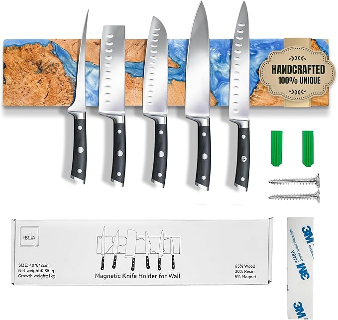 Magnetic Knife Holder for Wall 16 Inch |Premium Wood & Blue Resin| Epoxy Knife Magnetic Strip, Kitchen Knife Block Holder with Strong Magnet, Space-Saving, Handcrafted Style & Easy to Install