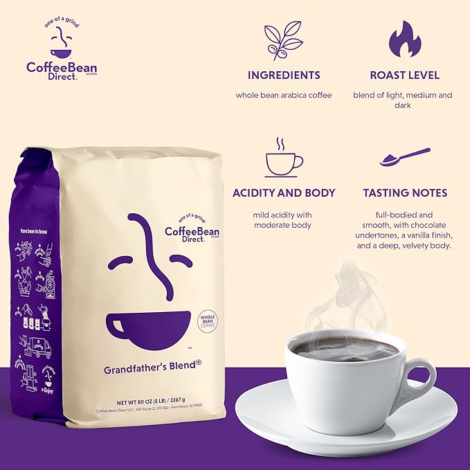 Coffee Bean Direct Grandfather's Blend®, Whole Bean Coffee, Mixed Roast Level, 5 Pound Bag (Pack of 1)