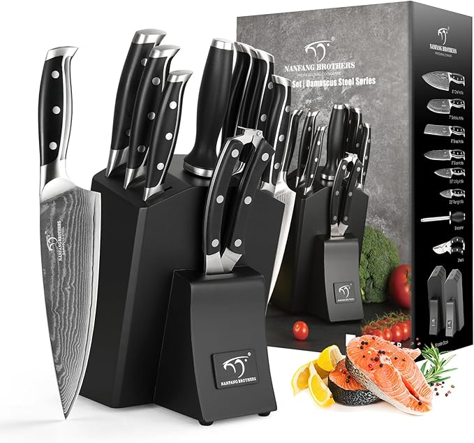 Damascus Kitchen Knife Set with Block – Razor Sharp 67-Layer VG10 Steel, Triple Rivet Handles, Chef, Santoku, Utility, Bread & Paring Knives, Sharpener, Shears, Black, 9PCS