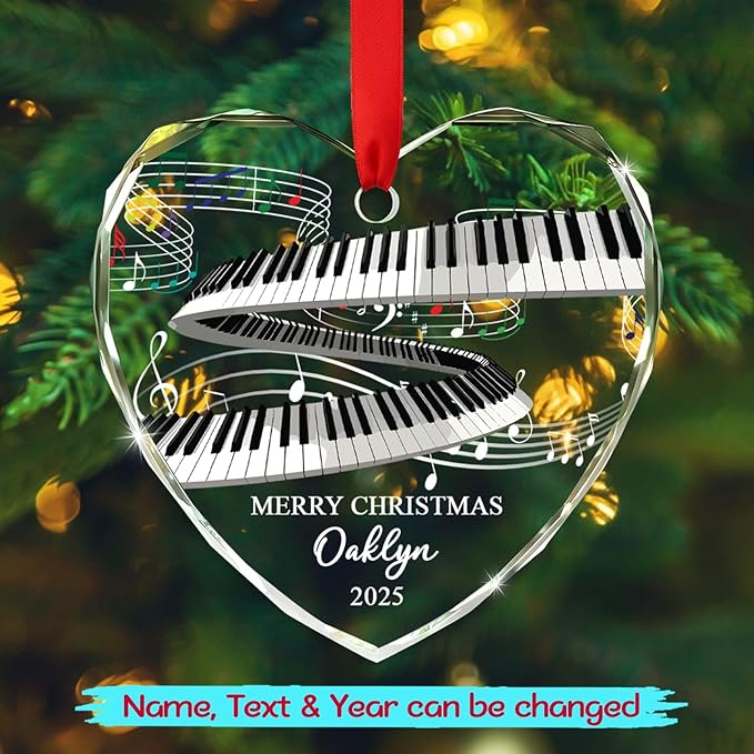 Customized Year Text & Name Keyboard Musical Glass Ornament, Personalized Keyboard Player Christmas Ornaments Gift for Husband Wife Brother Sister Dad Mom, Unique Keyboards Glass Christmas Ornament