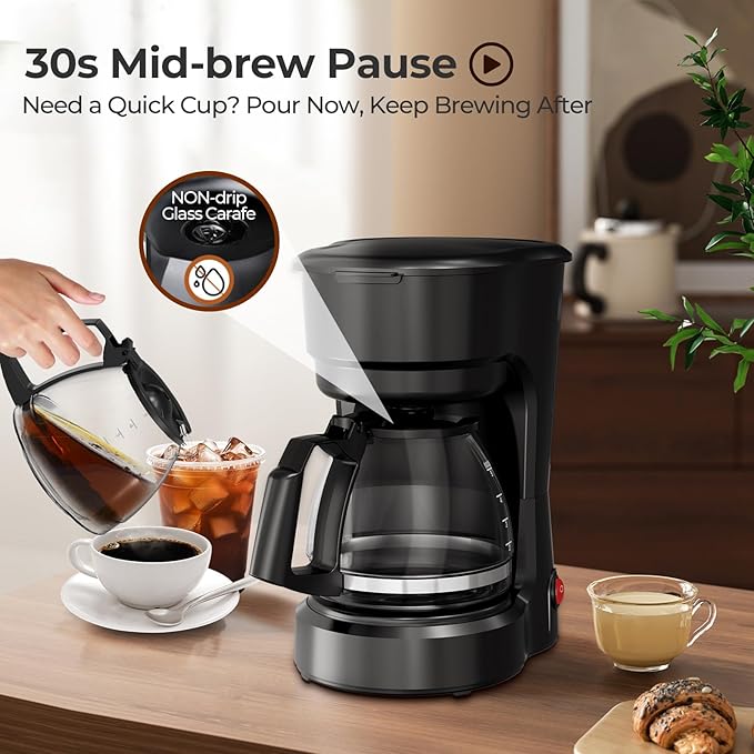 Small 5-Cup Coffee Maker, Drip Coffee Machine with Food-grade Glass Carafe, Always Keep Warm with Manual Switch, Delay Brew, 25oz Water Reservoir, Compact for Home/Office/RV/Travel/Outdoor - Black