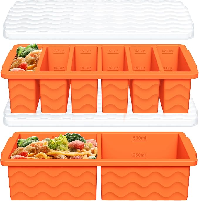 2-Pack Silicone Freezer Trays with Lid, 2 Large 2-Cup(500ml) & 6 Small 1/2-Cup(125ml) Soup Freezer Container Molds, Ice Cube Tray For Meal Prep & Freezing Soup, Stews, Sauces, Oven & Dishwasher-Safe