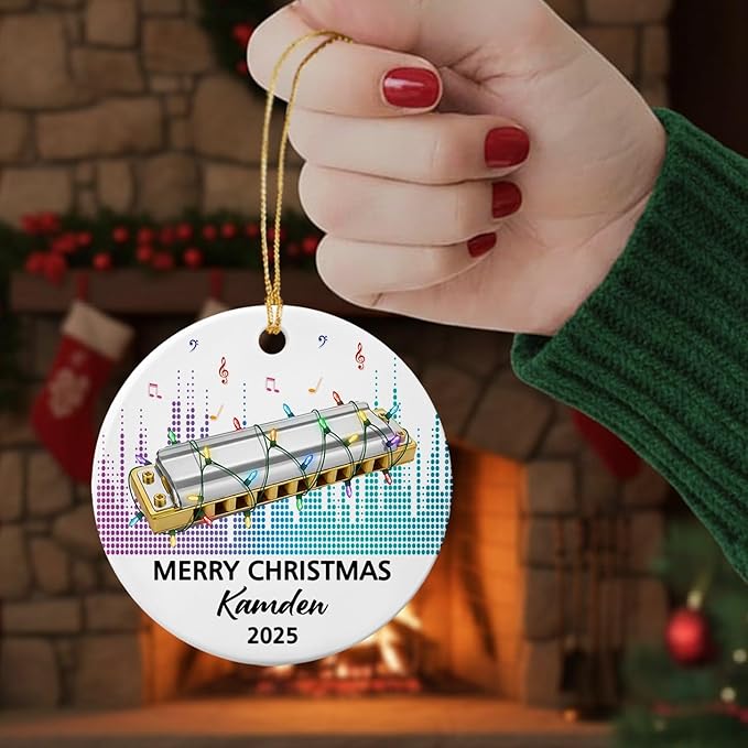 Customized Text Year Name Harmonica Instrument Player Ceramic Ornament, Personalized Harmonica Christmas Ornaments Gift for Harmonicist Women Men Friends Brother Sister, Harmonicas Musical Ornament