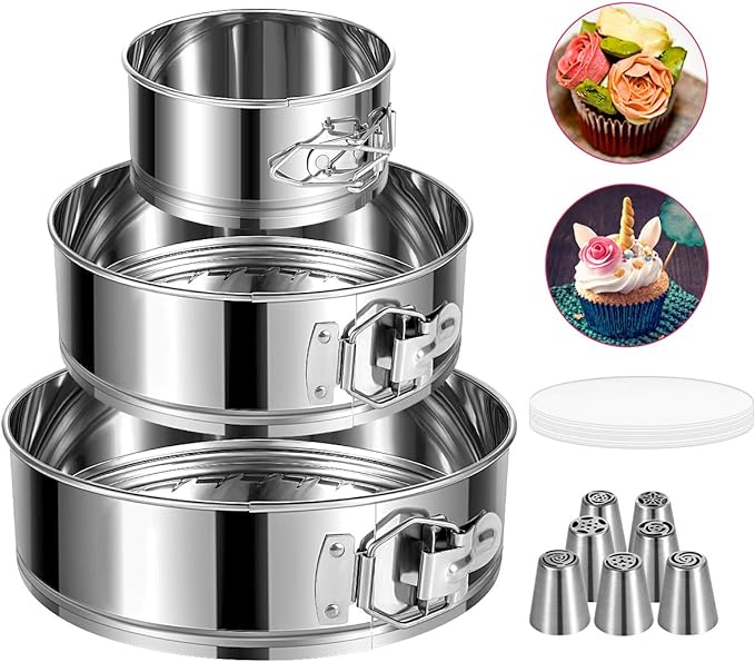 Springform Pan, Stainless Steel Springform Cake Pan, Leakproof & Nonstick Cheesecake Pan, 4" 7" 9" Round Cake Molds with 50 Pcs Paper Liners and 7 Pcs Piping Tips