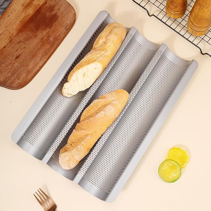 Hesanzol Baguette Pans for Baking 15" x 11", Carbon Steel 3 Loaf Nonstick Baguette Baking Tray for French & Italian Perforated French Bread Pan (2pack - Silver)