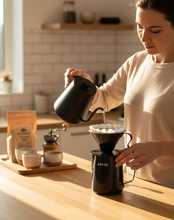 AGOGO Compact Portable Pour Over Coffee Maker Set - Easy Cleaning 304 Stainless Steel Dripper Set for Camping & 50 Filters Paper & Cleaning Rag (Black, 600ml)
