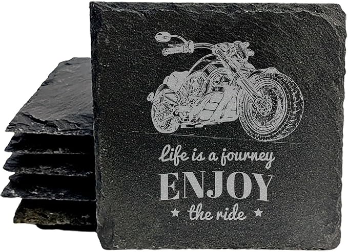 The Open Road Awaits: Motorcycle Coasters with Inspirational Quote - Square Slate - Set of 6