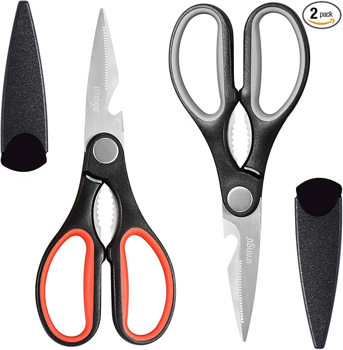 LIVINGO 8" Kitchen Scissors All Purpose - 2 Pack Heavy Duty Kitchen Meat Shears, Stainless Steel Multi-function Food Scissors for Cooking Cutting Chicken, Turkey, Bones, Poultry, Fish, and Vegetables
