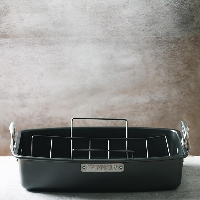 HAPPIELS 17 x 13 inch Roasting Pan with Rack, 20-25 lb Large Turkey Roasting Pan for Oven Non Stick, Turkey Roaster Pan with Rack, Roasting Pans, Turkey Pan, Deep Roast Pan, Prime Rib Roaster