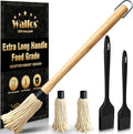 Walfos Basting Brush Silicone and BBQ Mop, Grill Basting Mop with 3 Heads and 2Pcs Pastry Brushes, Wooden Long Handle, Heat Resistant for Grilling, Smoking Steak, Kitchen Cooking (18"）