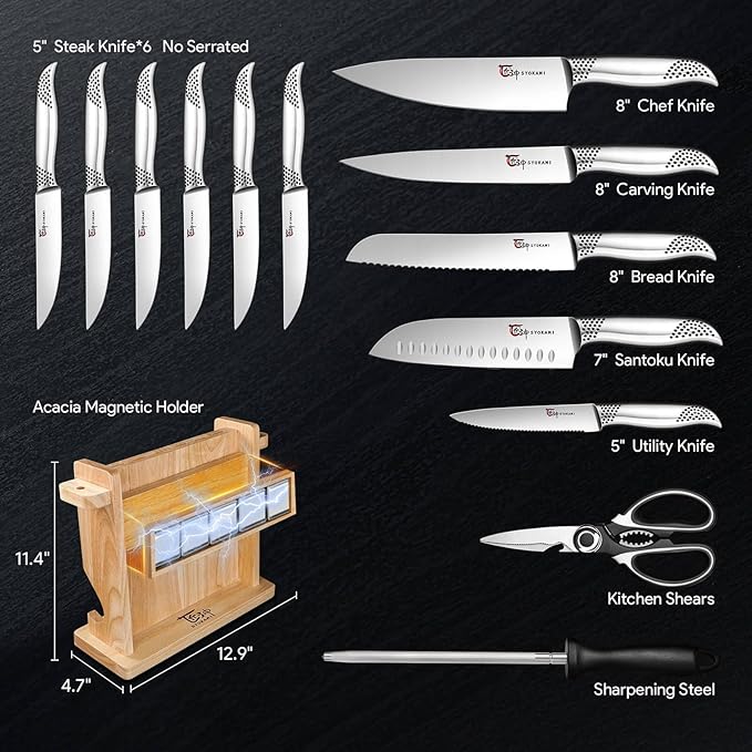 Japanese Knives Set for Kitchen, Magnetic Knife Set with Block and Sharpener, Stainless Steel Knife Set as Gift for Couple, Wedding, Women or Mom with Gift Box, 14 PCS Black Dot