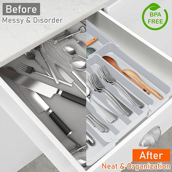 Expandable Silverware Drawer Organizer BPA Free Cutlery Organizer Small Utensil Organizer for Kitchen Drawers Adjustable Spoons Forks Knives Storage Drawer Divider, Gray
