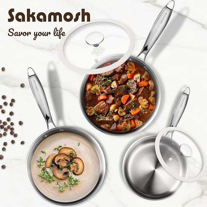 2.5 Quart Tri-ply Stainless Steel Saucepan with Glass Lid, Induction Sauce Pan Compatible with All Cooktops, Non-Toxic Sauce Pot with Stay Cool Handle, Oven & Dishwasher Safe