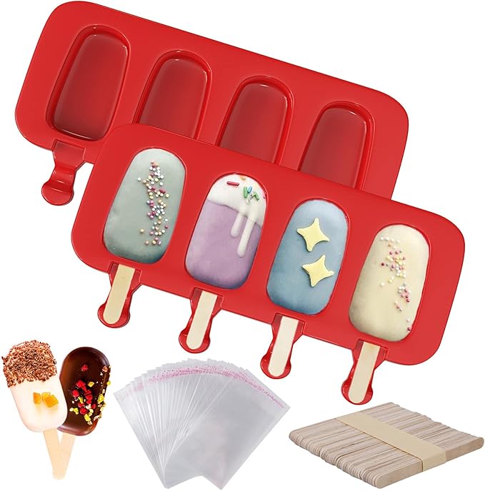 Ozera 2 Pack Popsicles Molds, Homemade Cake Pop Molds Cakesicle Molds Silicone Popcical Molds, 4 Cavities Ice Pop Cream Molds Maker with 50 Wooden Sticks & 50 Popsicle Bags for DIY Popsicles