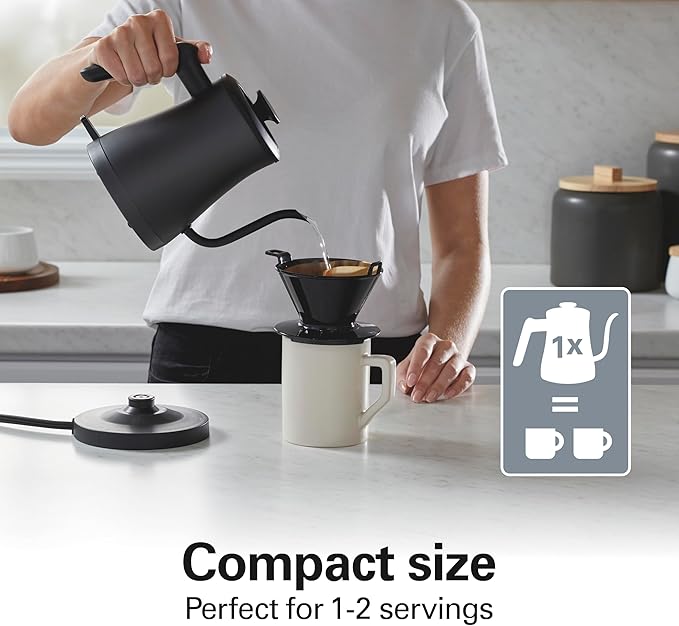 Hamilton Beach Compact 20 oz. / 0.6 Liter Gooseneck Electric Kettle for Boiling Water, Pour Over Coffee, Tea, Ultra Fast Heating With 1200 Watts, Stainless Steel BPA-Free Interior, Black (41045)