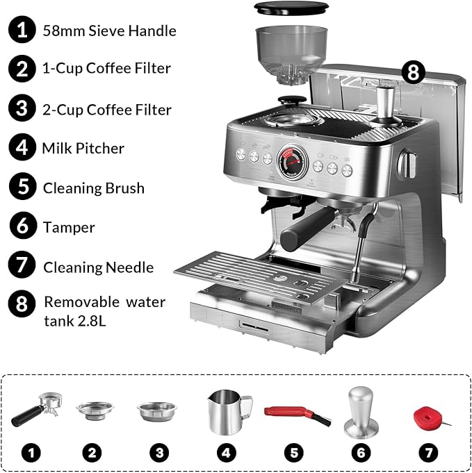 Garvee Espresso Machine with Grinder & Milk Frother, 20 Bar Professional Pressure & 95Oz Large Water Tank, Semi-Automatic Coffee Maker for Cappuccino/Latte/Macchiato, Design for Home Barista