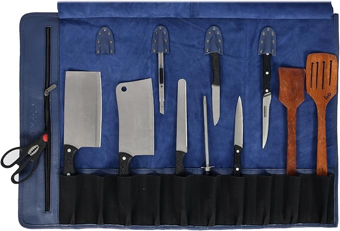 Leather Knife Roll Storage Bag, Elastic and Expandable 10 Pockets, Adjustable/Detachable Shoulder Strap, Travel-Friendly Chef Knife Case (Baritone, Leather)
