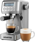Gourmia Slim Espresso Machine – 20-Bar Pump, LCD Display, Milk Frother, Adjustable Temperature, Manual & Auto Brew for Single/Double Shots, 1350W, Stainless Steel