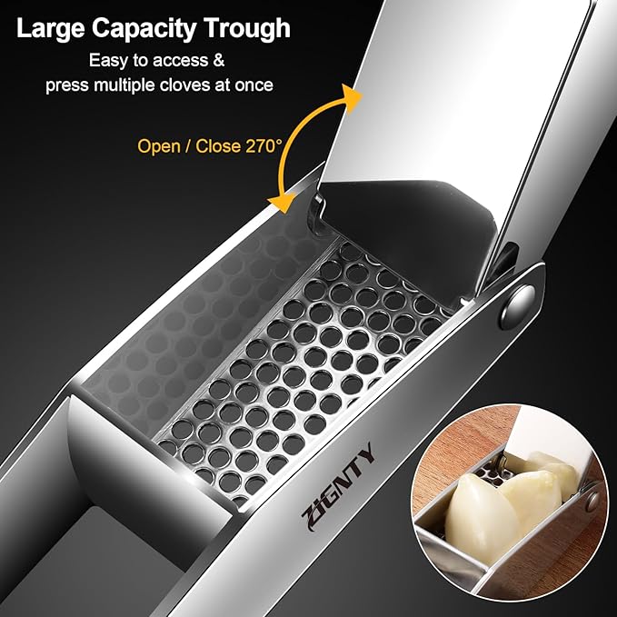 Professional Garlic Press Stainless Steel，No Need to Peel Garlic Mincer Tool with Large Trough, Dual Lever-Assisted Garlic Presser & Masher Easy Clean, Garlic Crusher Dishwasher Safe Rust Proof
