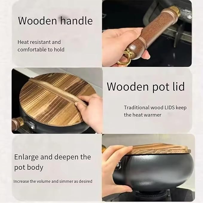 Jinswhdre Cast Iron Skillet, 9.5/11in Jinswhdre Japanese Irons Pan, Hand Forged Uncoated Iron Pan with Lid Spatula, Non-stick Wok for Cooker Gas Stir Fry Pans Durable and Rust-Free (Glass Lid,10.2in)
