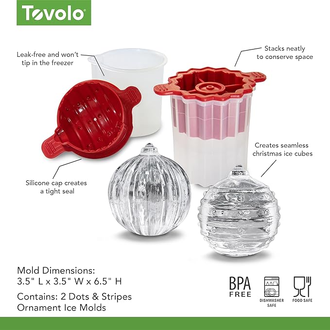 Tovolo Christmas Ornament Ice Molds, Odor and BPA Free - Dishwasher Safe, Set of 2, Dot & Stripes