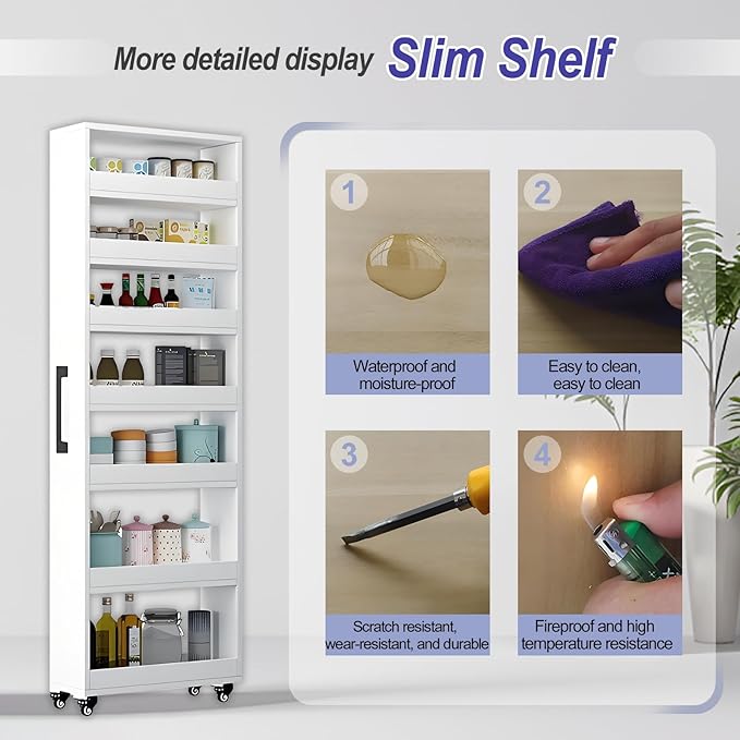 7-Tier Slim Storage Cart, Wooden Rolling Pantry Cabinet with Wheels, Narrow Shelf Organizer for Kitchen, Bakers Rack, Dining Room, Closet, Small Spaces Dark Walnut 73.2" H*9.8" W*23.6" D