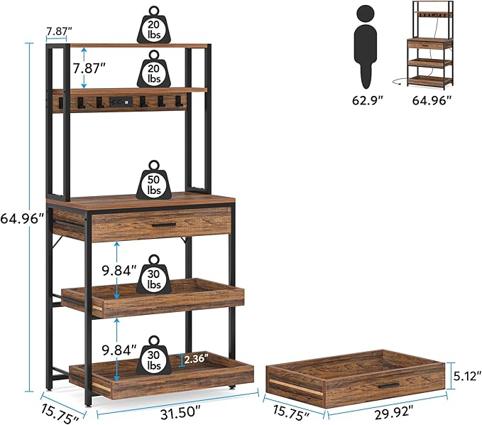 Tribesigns Kitchen Bakers Rack with Power Outlets, 5-Tier Microwave Oven Stand with Drawer and Sliding Shelves, Freestanding Coffee Bar, Kitchen Storage Shelf with 6 Hooks, Rustic Brown