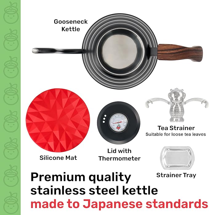 Japanese Gooseneck Kettle Stovetop with Thermometer and Insulated Handle (4-piece, 1200ml / 40.6 oz), Stainless Steel Pour Over Tea Kettle Stovetop, Precision Pour Kettles Pot for Coffee & Tea