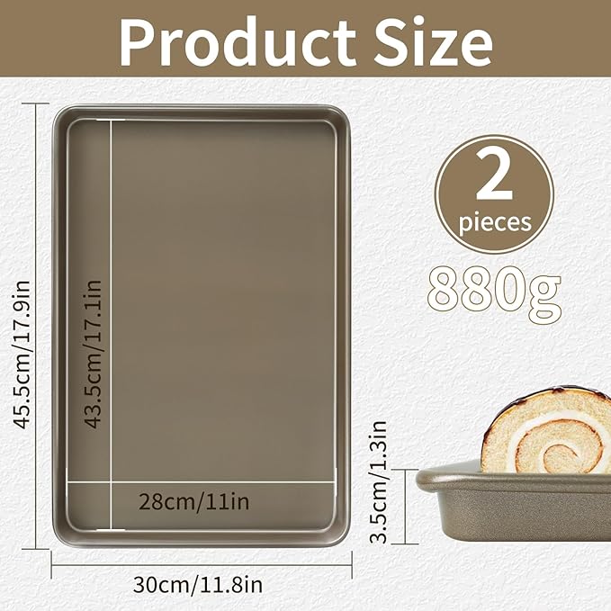 2 Pieces Large Sheet Pans Baking Sheet Pan Set, 12 x 17.5 inch Cookie Sheets for Oven, Carbon Steel Half Sheets Trays Nonstick Baking Sheet Set, Gold
