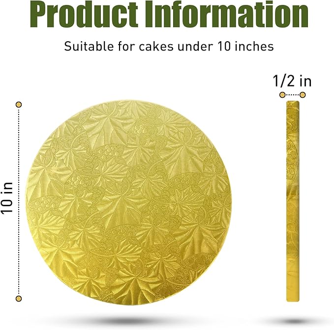 10-Pack Round Gold Cake Drum Board 10 Inch Sturdy 1/2 Inch Thick Full Wrap Edge Cake Base for Heavy Tiered Cakes(10" Gold)