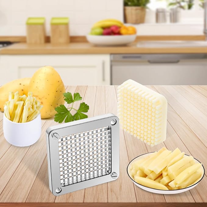 VEVOR Replacement Chopper Blade, 1/4 inch, 3 PCS French Fry Blade Assembly with 6 Extra Knives, Stainless Steel Dicer Parts and Push Block for Cutting Potatoes Carrots Onions Cucumbers Mushrooms