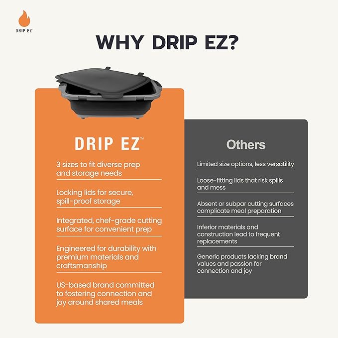 Drip EZ Collapsible BBQ Prep Tubs 3-Piece Set - For Meal Prep Marinating Food Storage - Includes Cutting Board & Lid - (1) JR + (1) OG + (1) XL - Sandstone
