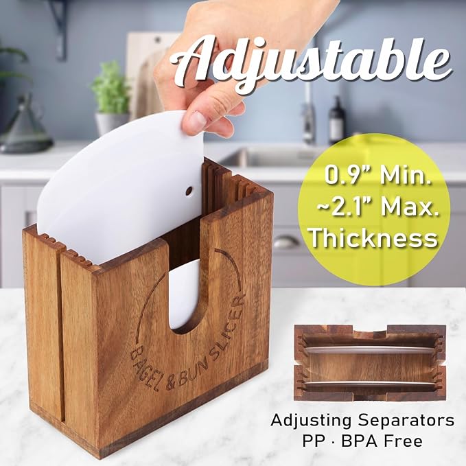 Large Adjustable Bagel Slicer Holder | Acacia Wood Bagel Cutting Holder with Width-Adjustable Slots for Small & Large Bagels, Buns & English Muffins, Knife Groove & Non-Slip Base