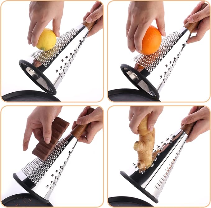 Cone Cheese Grater with Handle Stainless Steel Grater Triple Function Wood Handle Shredder Non-Slip Rubber Bottom Hand Held Multifunction Vegetables Grater Black 4-Size (Size S: 7.7" X 3.5" Black)
