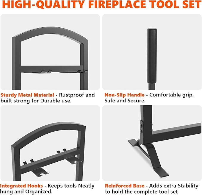6 Pcs Fireplace Tools Set with Log Carrier, HXJLJY 34" Fireplace Accessories Sturdy Fire Tool Set Holder with Fire Poker Brush Shovel Tong Stand for Indoor Fireplace Outdoor Fire Pit Wood Stove, Arch