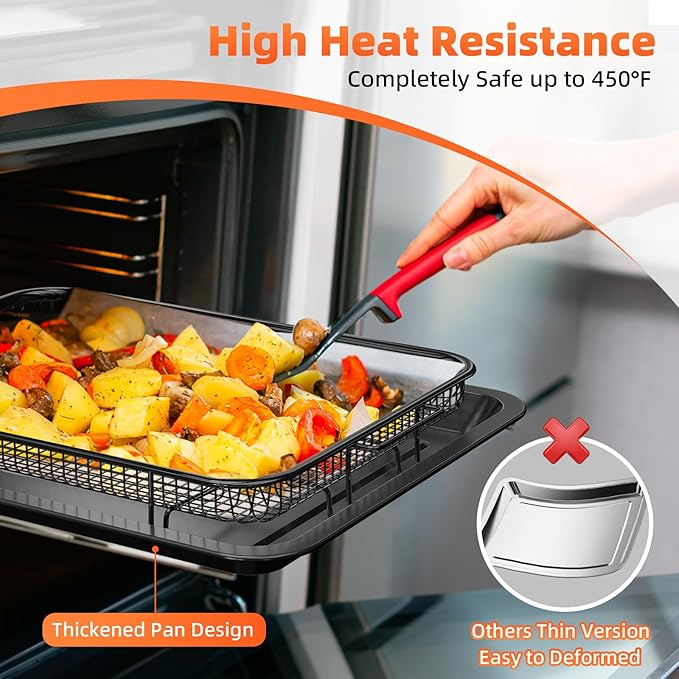 Air Fryer Basket, 2 Set Oven Air Fryer Basket and Tray with 60 PCS Parchment Papers, DEGOVIN Crisper Tray Non-stick Stainless Steel Air Fry Pans for Convection Oven(15.8" × 11" & 13" × 9.7"-Black)