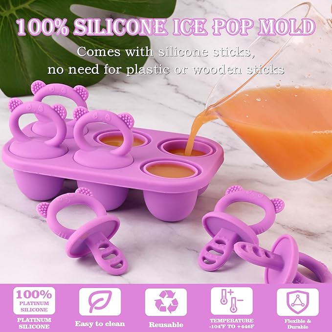 Sakolla Baby Popsicle Molds Mini 6-Cavity Silicone Ice Pop Mold with Sticks Breastmilk Popsicle Molds for Teething Relief Toddler Popsicle Mold for Ice Cream Frozen Yogurt and Fruit Juice (Purple)