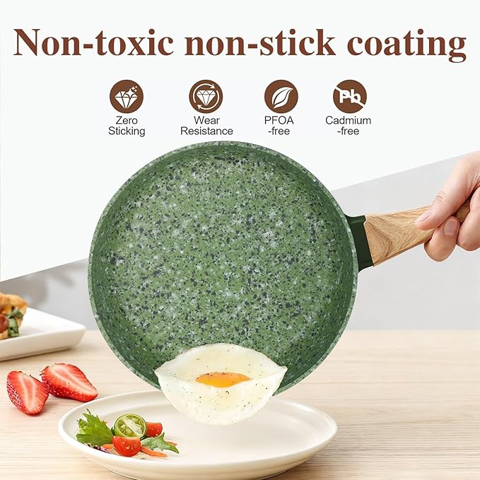 8.5 & 10.25 Inch Nonstick Frying Pan Skillet, 4mm Thick Aluminum Cookware with PFOA-Free Non-Toxic Coating, Induction Compatible, Dishwasher Safe, Bakelite Handle for Eggs & Pancakes, Green