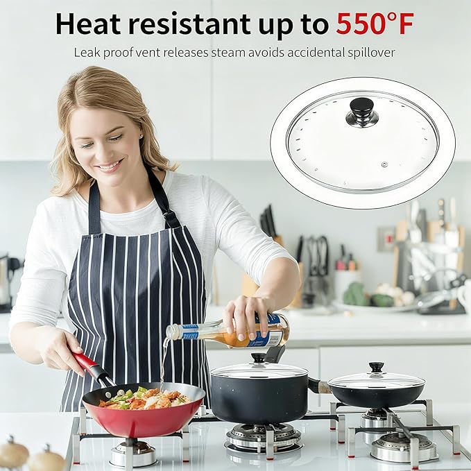 10 Inch Pan Lid, Universal Replacement Pot Lid for Frying Pans, Cast Iron Skillets, Tempered Glass Pan Cover with Steam Vent