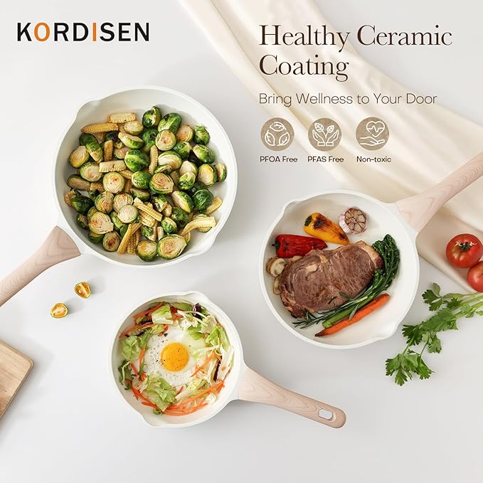 Kordisen Ceramic Nonstick Frying Pan Skillet Set with Lid, 3 Piece Ceramic Pans for Cooking Non Toxic, Healthy Induction Cookware, Stay-Cool Handle, PFOA & PFAS Free (9.5 Inch, 11 Inch, 12.5 Inch)