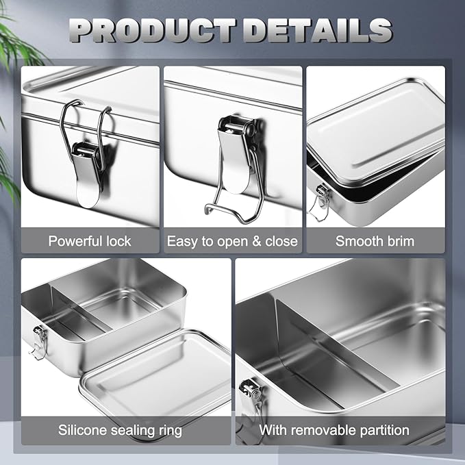 Umigy 1 Pcs Stainless Steel Food Containers 2400ml Metal Bento Lunch Box Stainless Steel Food Storage Containers, Lockable Clips to Leak Proof, Reusable Dishwasher Snack Boxes for Work