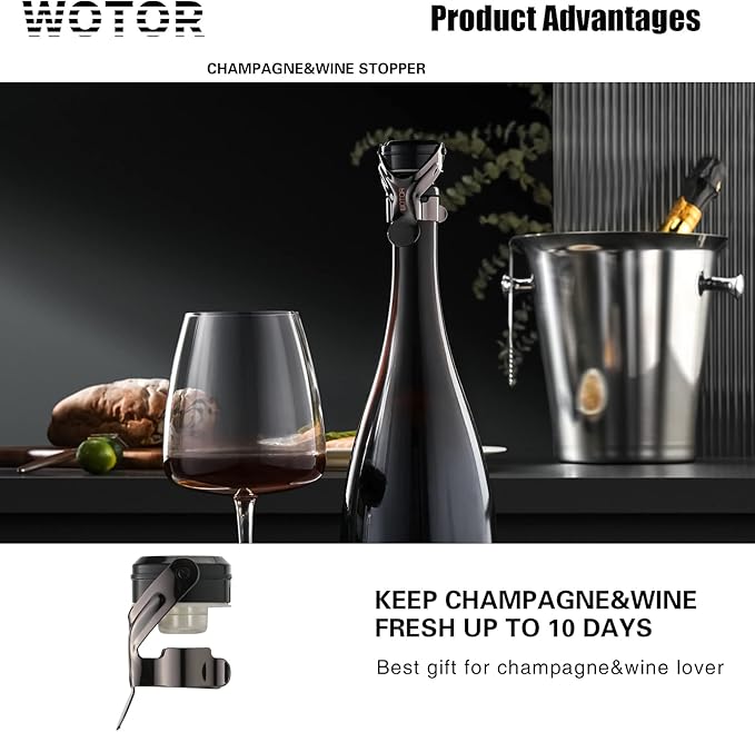 WOTOR Champagne&Wine Bottle Stoppers Stainless Steel with Food Grade Silicone, Leak Proof Keep Fresh Reusable Saver, Cork Suitable for Wine, Champagne, Cava, Prosecco and Sparkling (12 Pack Black）