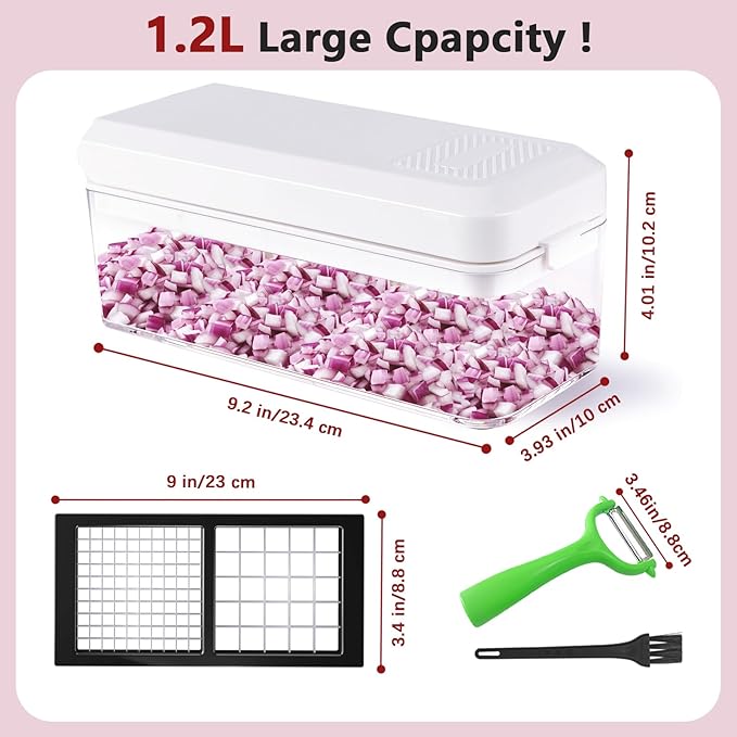 Vegetable Chopper, Onion Chopper Dicer, Mandoline Slicer, Food Chopper with Container, Vegetable Cutter for Salad Potato Carrot Garlic（2 Blades, White Black）