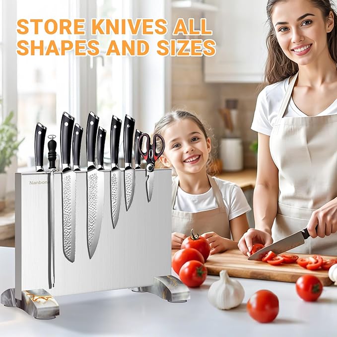 Magnetic Knife Block Without Knives, Stainless Steel Magnetic Knife Holder Stand with Strong Knife Magnet, Double-Sided Knife Magnetic Strip Knifes Storage Organizer for Kitchen Counter Top