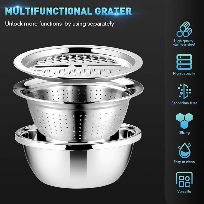 Cabilock Graters for Kitchen Handheld Stainless Steel Drain Basket Vegetable Cutter 3 In 1 Kitchen Multipurpose Grater Salad Bowl For Home (Silver) Colanders & Food Strainers