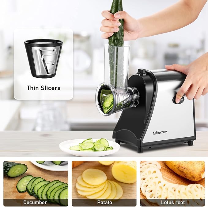 Homdox 250W Electric Cheese Grater, Electric Slicer Shredder, Salad Maker Electric Grater Electric Cheese Grater/Shredder with 5 Free Attachments, Ivory