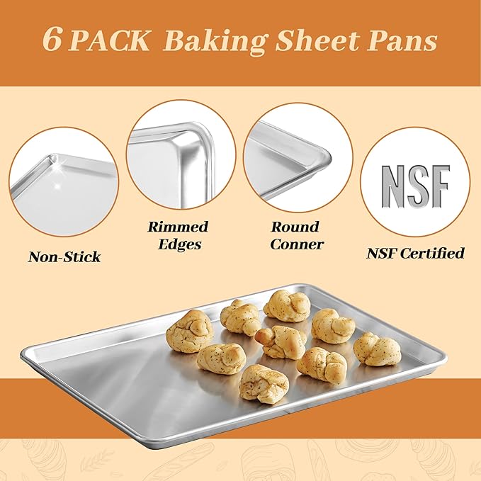 6 Pack Half Size Baking Sheet Pans, Aluminum Commercial Cookie Sheets Non-Stick, 18"x13"