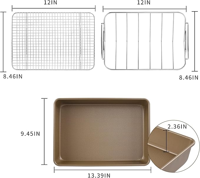 KitCom Bakeware Nonstick Carbon Steel Roaster with Flat Rack and V-Rack, 0.8MM Thickness Textured Base, Champagne Gold