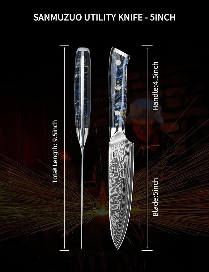 5 Inch Kitchen Utility Knife - Xuan Series Kitchen Knives - VG10 Damascus Steel with Resin Handle (Starry Black)
