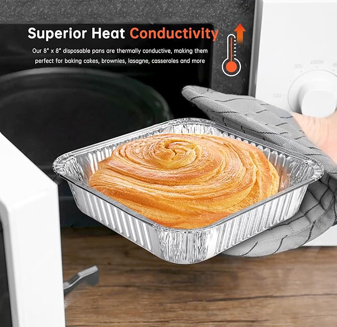 Aluminum Pans 8x8-20 Pack Disposable Foil Pans, Heavy Duty Aluminum Roasting Trays for Baking, Cooking, Heating, Storing, Prepping Food